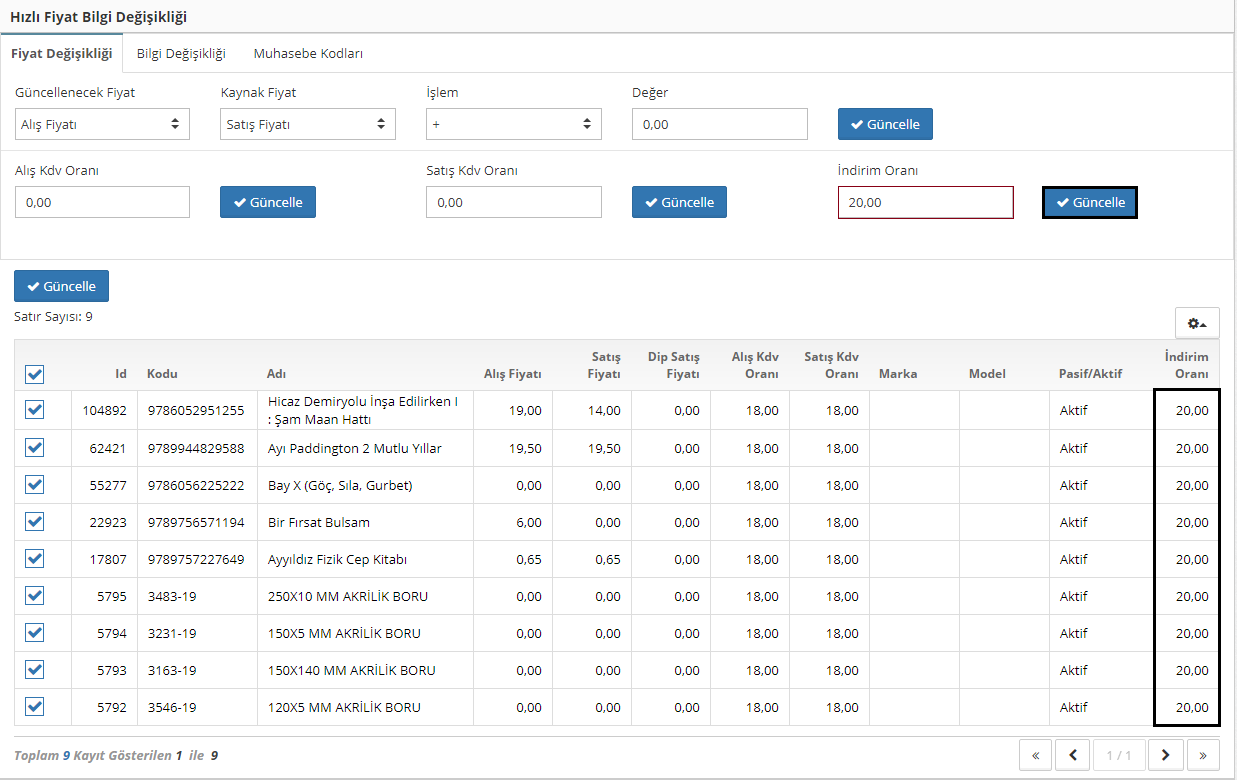 fiyat bilgi değişikliği 9